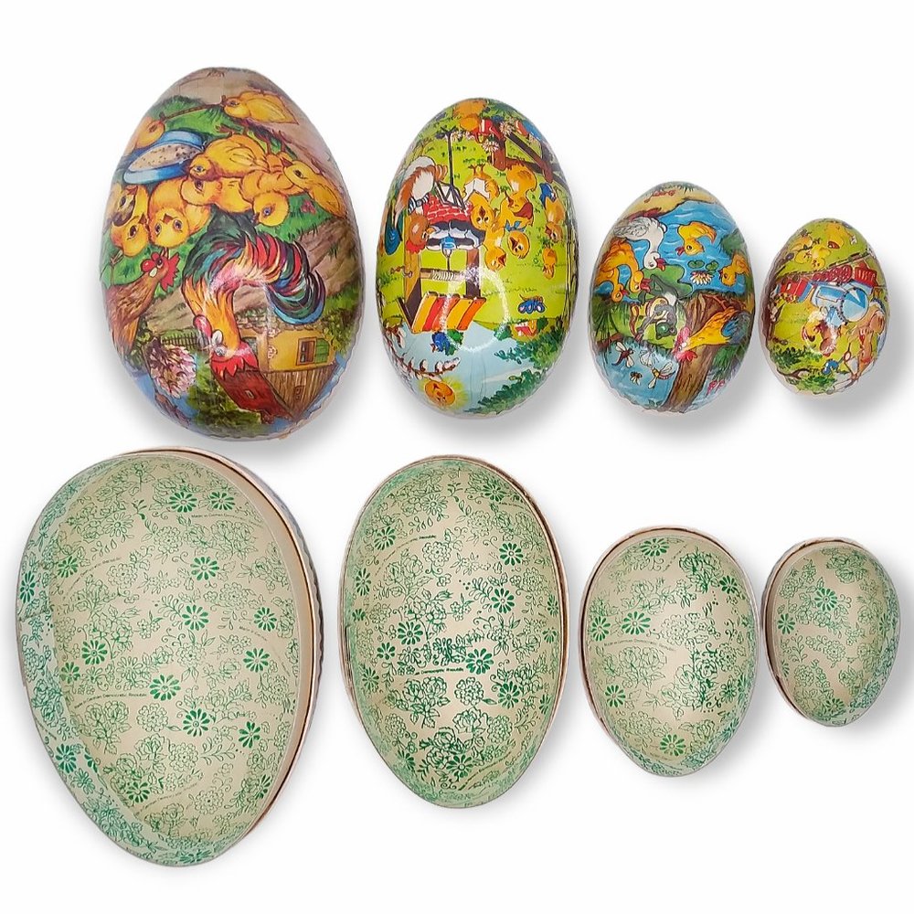 Vintage 1950s German Paper Mache Eggs Nesting Set of 4 Baby Chicks - Picture 3 of 12